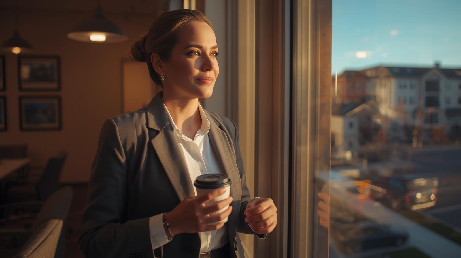 Property manager in business casual standing calmly with coffee, morning light, looking out window at multi family apartment community. Expression is relaxed a
